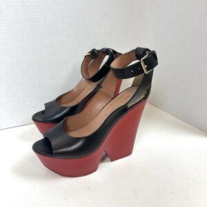 BCBG Maxazria Kyara Black Red Platform Wedge Shoes Leather 38.5 US 7.5 Sexy Club